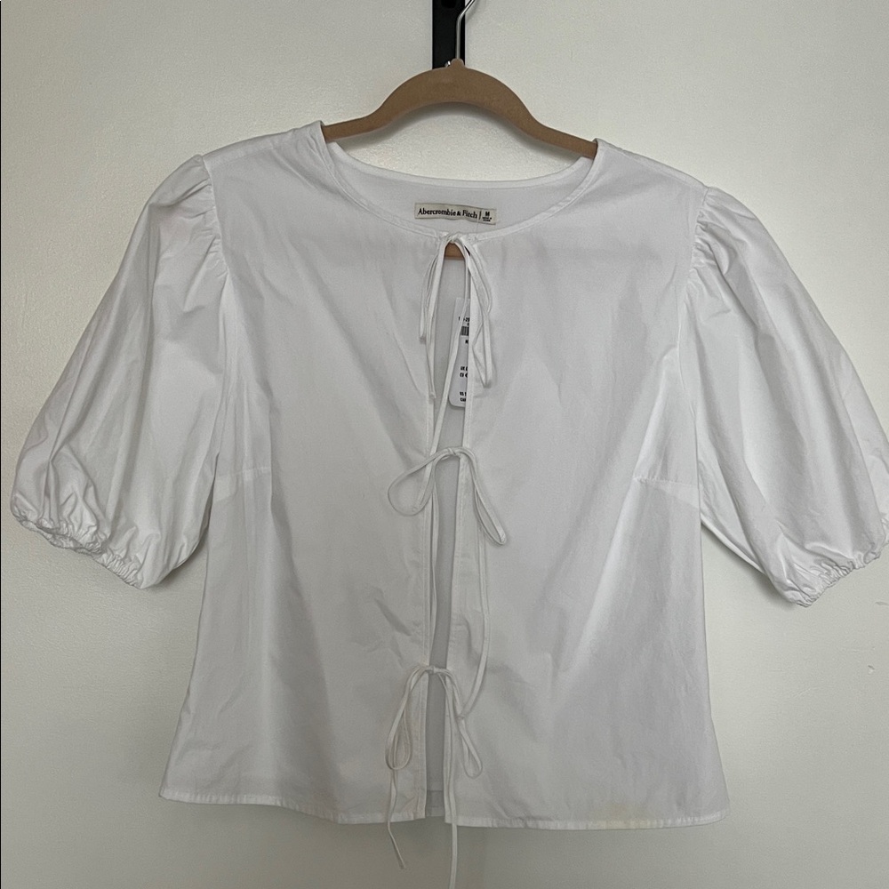Abercrombie & Fitch White Puff Sleeve Tie-Front Blouse